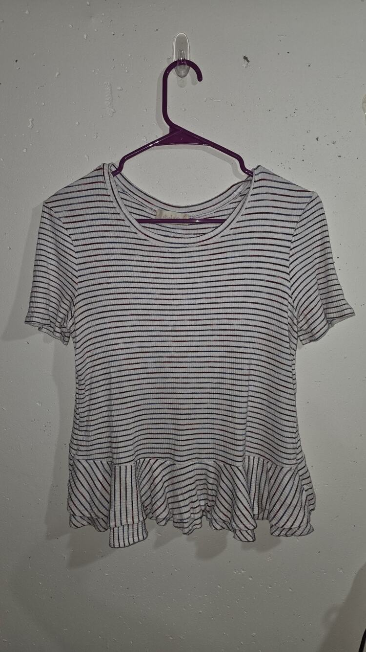 Alter'd State Striped Ruffle Peplum Top Women’s Large Burgundy Navy White...